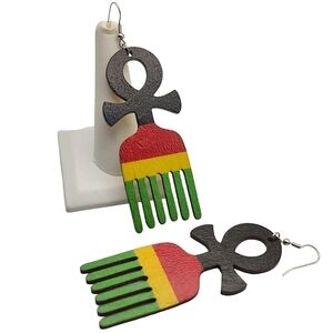 Rasta Ankh Wooden Afro Pick Dangle Fashion Hook Earrings